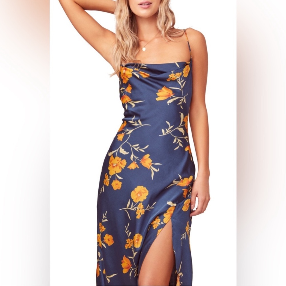 Astr Navy Floral Midi Slip Dress with Yellow Blooms - Picture 3 of 14